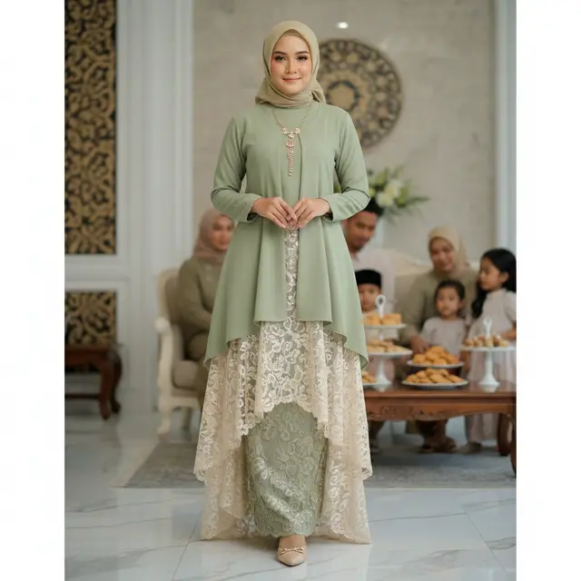 Model Gamis Layer Brokat untuk Lebaran 2026 (Foto: Gemini AI)