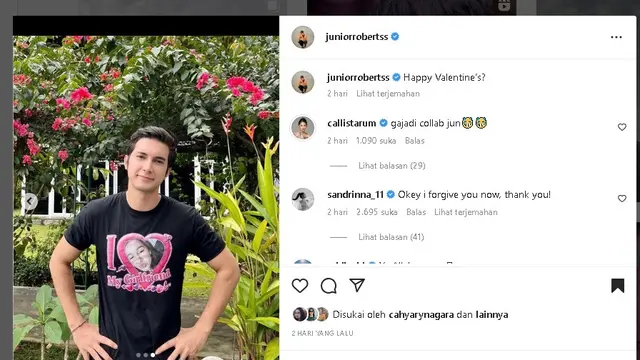 Jelang Valentine's Day 2023, Cinta Brian dan Junior Roberts pakai kaos bergambar Callista Arum serta Sandrinna Michelle (Foto: Instagram juniorrobertss)