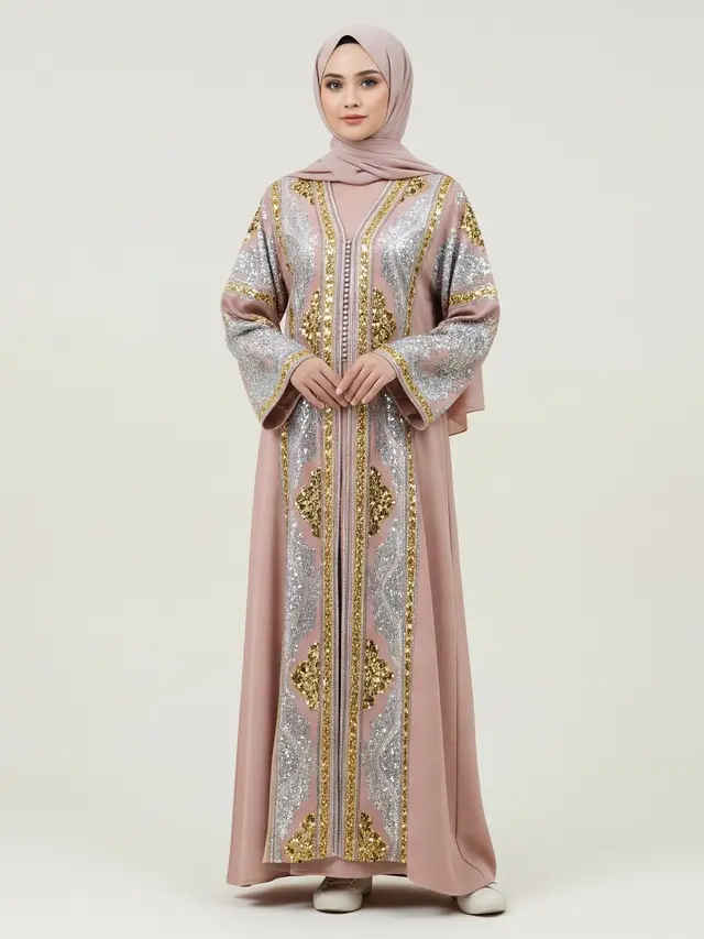 Gamis Abaya Turki dengan Bordir Kontras dan Payet