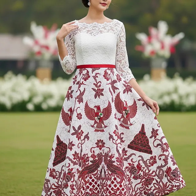 Dress Batik Kombinasi Brokat Tema Hari Kemerdekaan (AI Generated)
