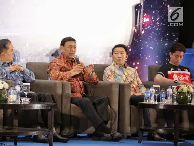 Ketua Umum PP PBSI, Wiranto memberikan keterangan pers Indonesia Open 2019, Jakarta, Rabu (26/6/2019). Indonesia Open 2019 mengusung tema 'Pride of nation: Tujukan Semangatmu'. (Liputan6.com/Faizal Fanani)