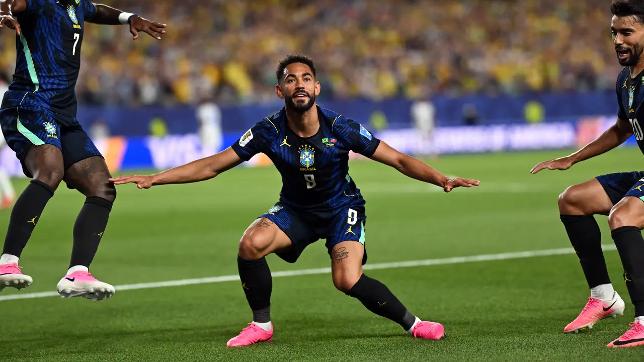 Selebrasi pemain Manchester United Matheus Cunha saat Brasil melawan Haiti di Piala Dunia 2026