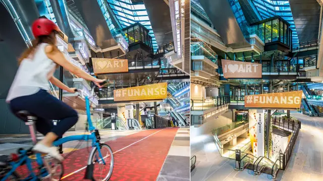 Funan Mall adalah mal pertama yang memberikan izin pengunjung bisa membawa sepeda ke dalam gedung/mothership.sg.