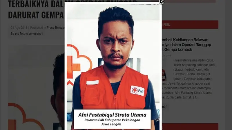 Afni Fastabiq Strata Utama meninggal di Camp WASH PMI di Lombok pada Jumat (24/8/2018) (pmi.or.id)