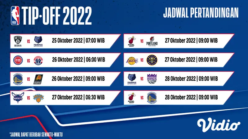 Jadwal Lengkap NBA Reguler Season 2022-2023 Pekan Kedua 25-28 Oktober 2022 di Vidio : Ada 8 Laga Seru