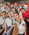 Sederet artis hadir mengenakan jersey Timnas away warna putih. Misalnya saja Febby Rastanty mengenakan jersey dipadukan celana denim panjang. [@aaliyah.massaid]