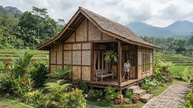 Rumah bambu sederhana tapi tidak ketinggalan zaman model kombinasi kayu