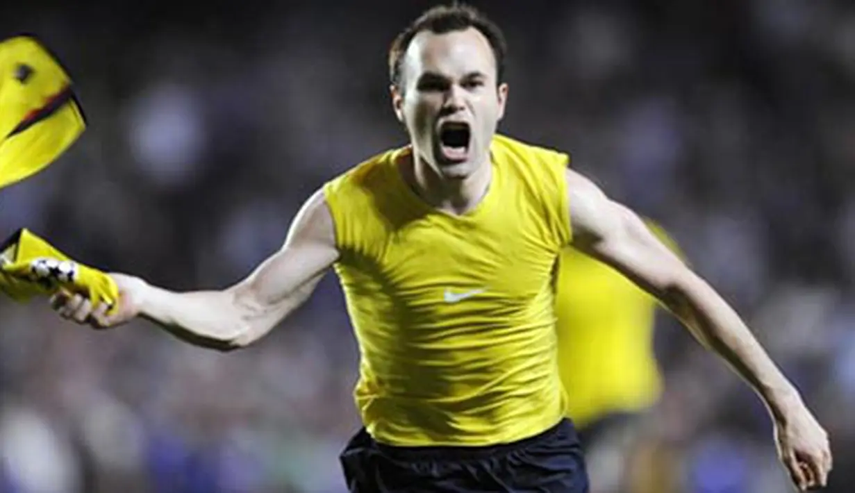 Andres Iniesta merayakan gol penentu keberhasilan Barcelona melangkah ke final Liga Champions ketika menghadapi Chelsea di Stamford Bridge, London, 6 Mei 2009. AFP PHOTO/LLUIS GENE