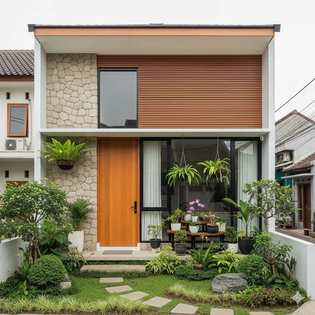 Fasad Batu Alam & Kayu dengan Taman Depan