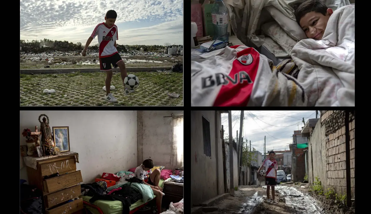 Foto kombinasi pada September 2020 memperlihatkan Daniel Dorado, 12, dari Argentina yang bermimpi menjadi pemain sepak bola divisi pertama di klub River Plate. (ARIEL TIMY TORRES / AFP)