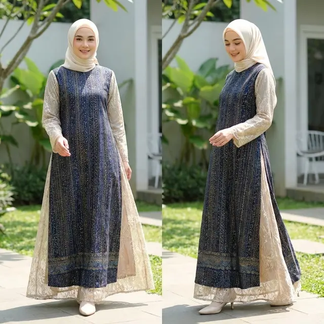 Gamis Batik Layer Brokat Simpel Elegan