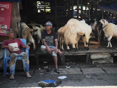 Para pedagang kambing menunggu pelanggan menjelang Hari Raya Idul Adha 1447 Hijriah di Jakarta, Selasa 26 Mei 2026. (AP Photo/Dita Alangkara)