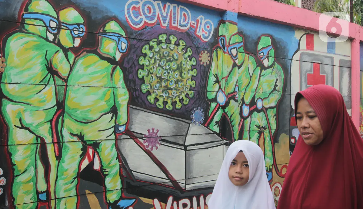 Pejalan kaki melintasi mural covid-19 di Tanah Tinggi, Tangerang, Sabtu (29/1/2022). Kasus Covid-19 varian Omicron di Indonesia terus bertambah dan wilayah penyebarannya semakin meluas. Diperkirakan, kasus omicron sudah mendominasi penularan virus corona di Jawa Bali. (Liputan6.com/Angga Yuniar)
