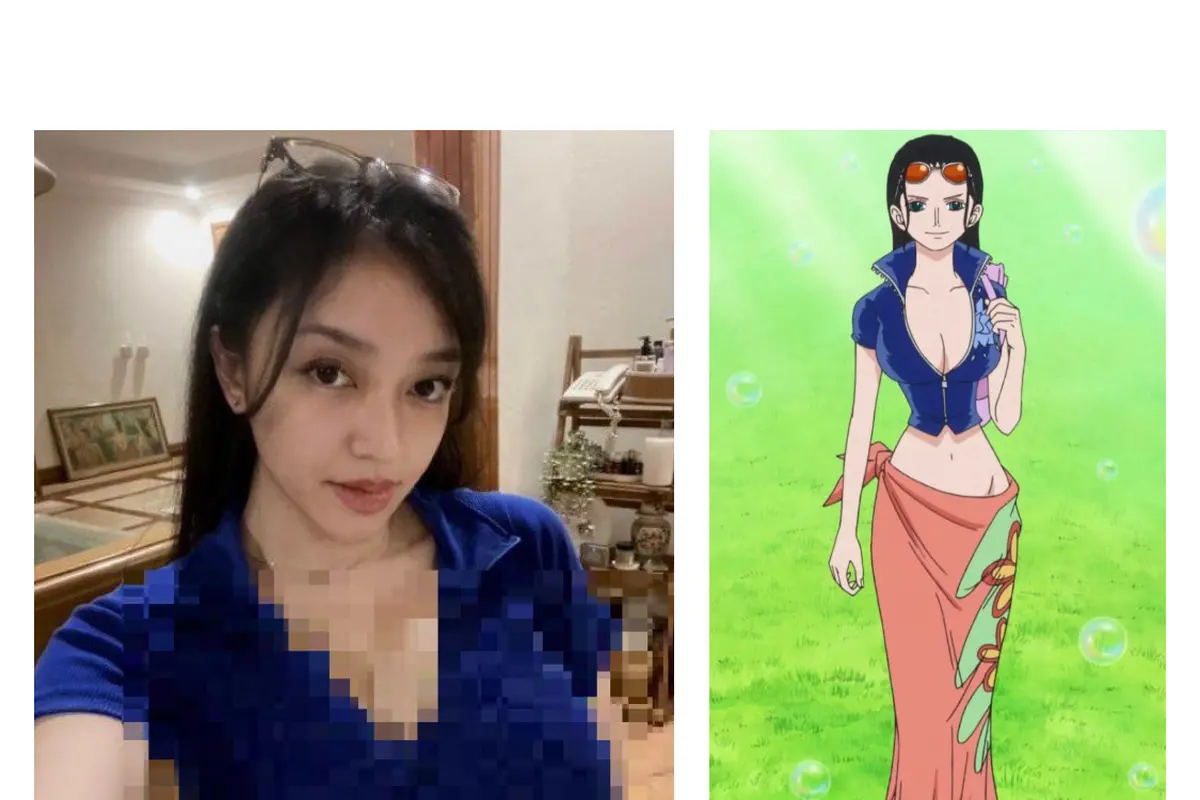 Perbandingan Amanda Zahra dengan Nico Robin dari One Piece (Sumber: Foto Twitter @amndzahra dan situs One Piece Fandom)