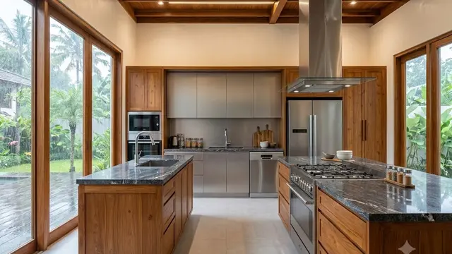 Dapur Modern dengan Jendela Besar dan Material Kontras