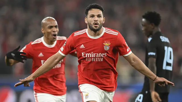 Selebrasi pemain Benfica Goncalo Ramos saat menjebol gawang Club Brugge