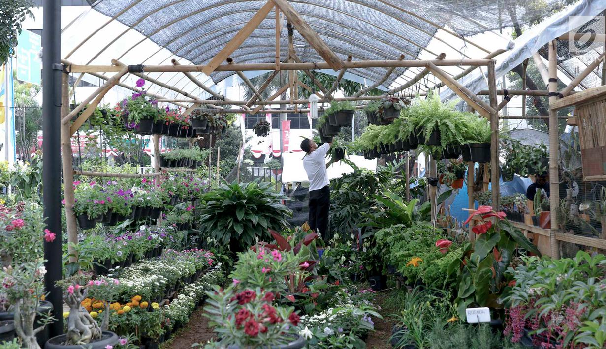 Pengunjung memilih tanaman yang dijual dalam pameran Flora dan Fauna 2018 di Taman Lapangan Banteng, Jakarta, Selasa (21/7). Pameran menampilkan berbagai jenis tanaman dan hewan. (Liputan6.com/Immanuel Antonius)
