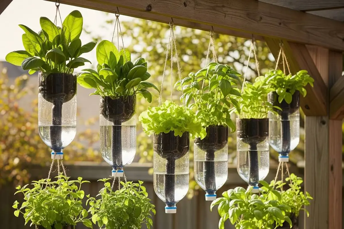 Model Kebun Mungil di Halaman Belakang dengan Botol Bekas