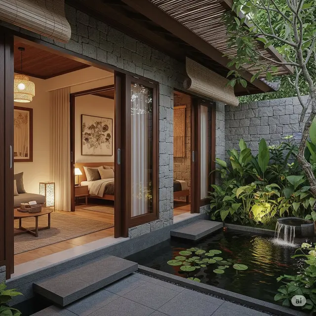 Model Rumah Sederhana Masa Tua yang Nyaman Konsep Zen dengan Taman Dalam. Foto: Gemini