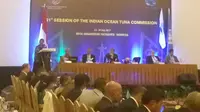 Menteri Kelautan dan Perikanan Susi Pudjiastuti saat jumpa pers 21st Session Of The Indian Ocean Tuna Commission (IOTC) di Yogyakarta, Senin (22/5/2017). (Liputan6.com/Switzy Syabandar)
