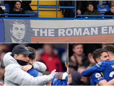 Kolase foto dari spanduk The Roman Empire (atas), pelukan Thomas Tuchel (kiri), dan pelukan Jorginho saat Chelsea mengalahkan Newcastle di Stamford Bridge, Minggu (13/3/2022). (AP Photo)