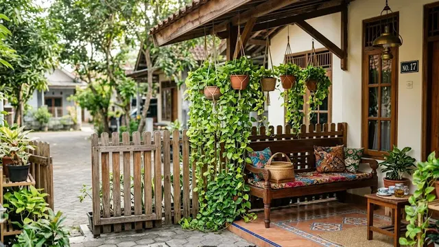 Ide Teras Rumah dengan Sirih Gading dan Pagar Kayu yang Desainnya Estetik Penggugah Kenyamanan Model dengan Bangku Kayu dan Sirih Gading Gantung