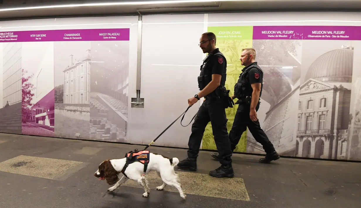 Anggota polisi kereta wilayah Ile de France bersama Lina seekor anjing jenis Spaniel yang terlatih untuk mendeteksi bahan peledak berpatroli di sebuah stasiun kereta bawah tanah di Paris (4/9). (AFP Photo/Alain Jocard)