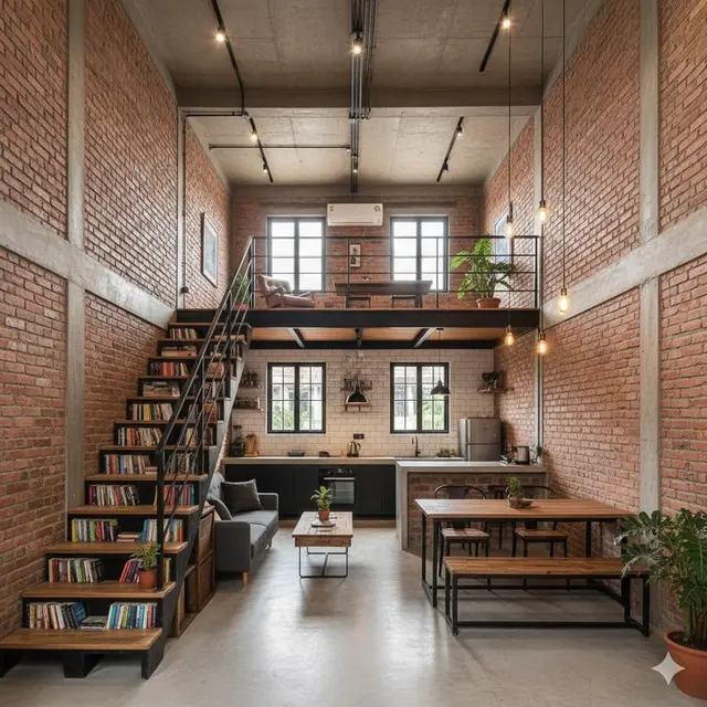 Desain Industrial dengan Tangga dan Rak Buku Terintegrasi