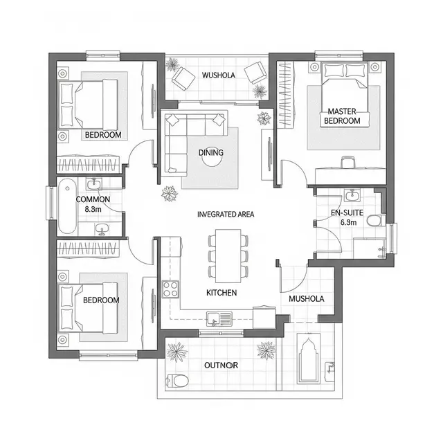 Denah Rumah 7x12 dengan 3 Kamar dan Ruang Makan Menyatu (Image by Gemini AI)