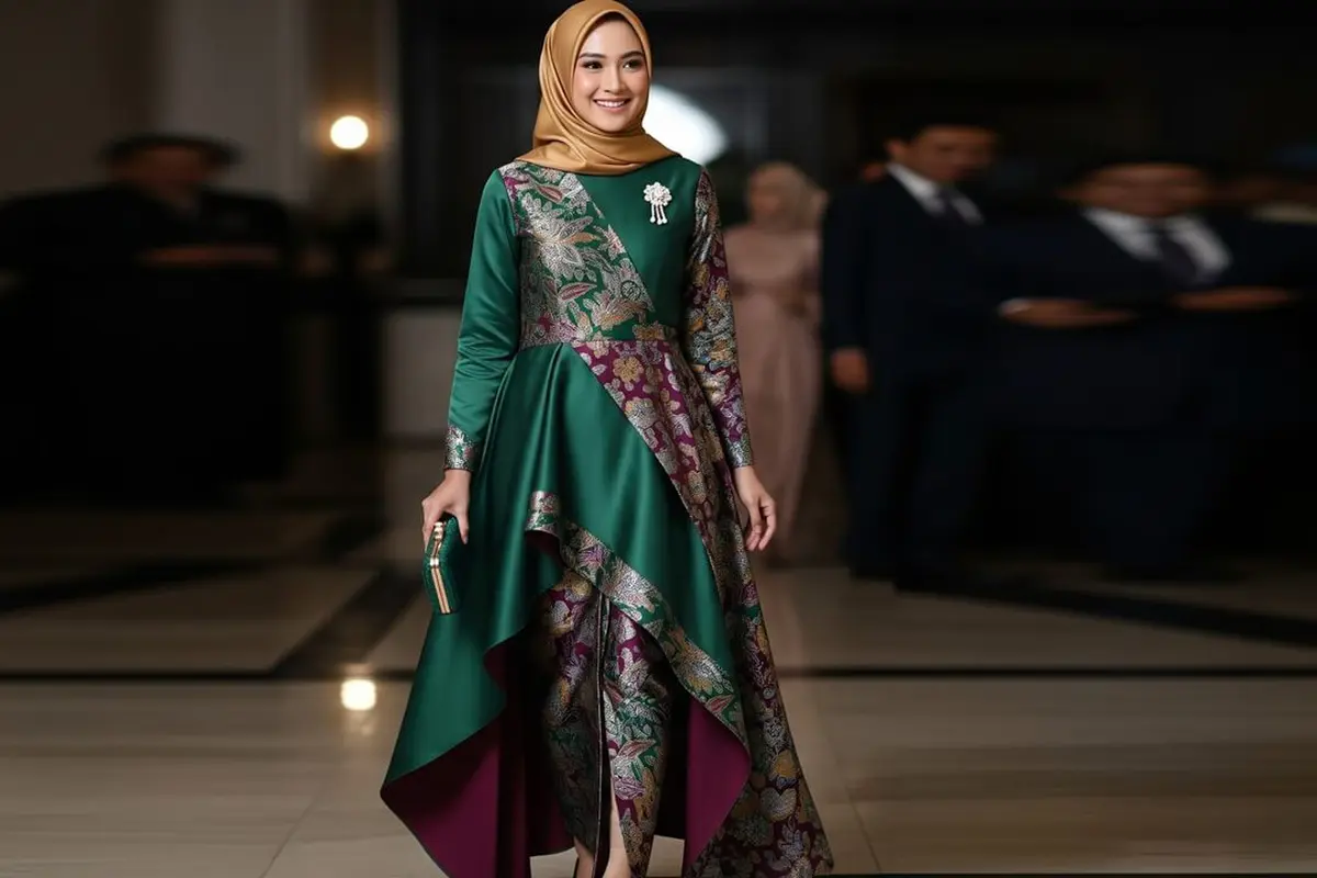 Gamis Batik Kombinasi Satin untuk Pesta Resmi dan Semi Formal