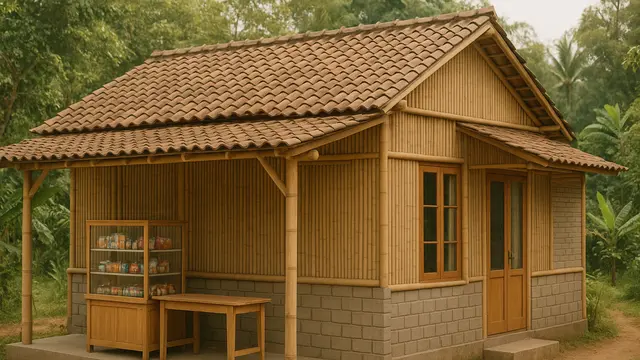 Model Rumah Sederhana dari Bambu dan Batako dengan Warung di Teras