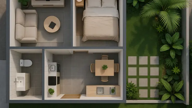 Desain Rumah Tipe 21 dengan Taman Belakang Kecil