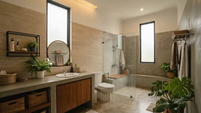 Model kamar mandi dengan jendela tinggi agar tetap mendapat cahaya desain dengan dua jendela tinggi