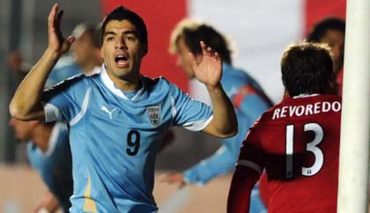 Ekspresi striker Uruguay Luis Suarez ketika berhadapan dengan Peru pada laga perdana Grup C Copa America di San Juan, Argentina, 4 Juli 2011. AFP Photo/ALEJANDRO PAGNI