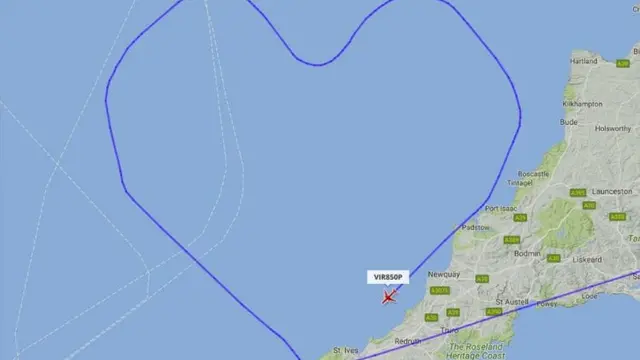 Simbol hati dari penerbangan Virgin Atlantic saat Valentine. (FlightRadar24)
