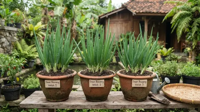 Daun bawang welsh dari rumpun di pot terpisah