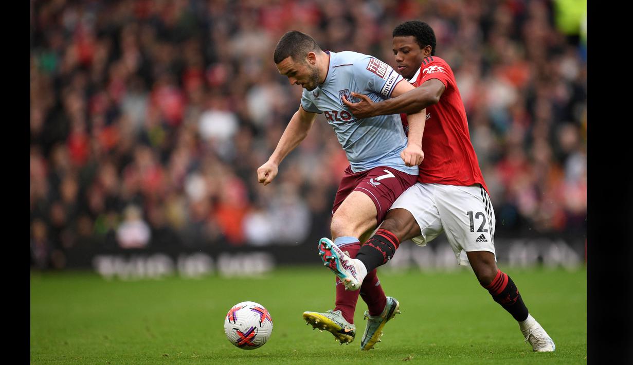 Pemain MU, Tyrell Malacia (kanan) berusaha merebut bola dari kaki pemain Aston Villa, John McGinn, dalam pertandingan pekan ke-34 Liga Inggris 2022/2023 yang berlangsung di Old Trafford, Minggu (30/4/2023). (AFP/Oli Scarff)