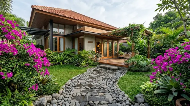 Ide Teras Rumah dengan Bougenville dan Batu Alam