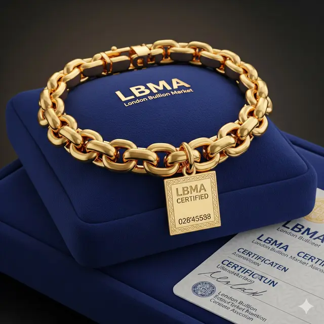 Gelang emas dengan sertifikasi London Bullion Market Association.