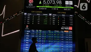 Pekerja melintas di depan layar yang menampilkan informasi pergerakan saham di gedung Bursa Efek Indonesia, Jakarta, Senin (8/6/2020).  Indeks Harga Saham Gabungan (IHSG) menguat 1,34% ke level 5.014,08 pada pembukaan perdagangan sesi I, Senin (8/6). (Liputan6.com/Angga Yuniar)