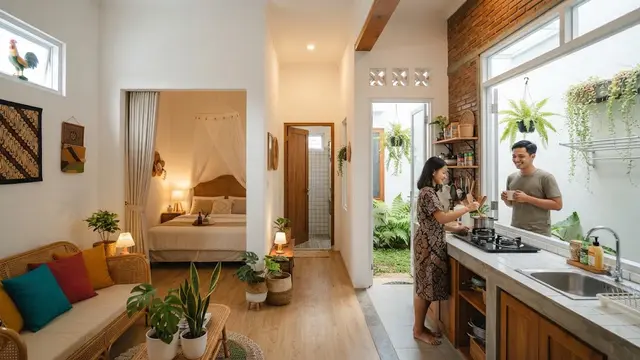 Desain rumah kecil di lahan sempit dengan dapur belakang yang cocok untuk pengantin baru model rumah memanjang dapur belakang.