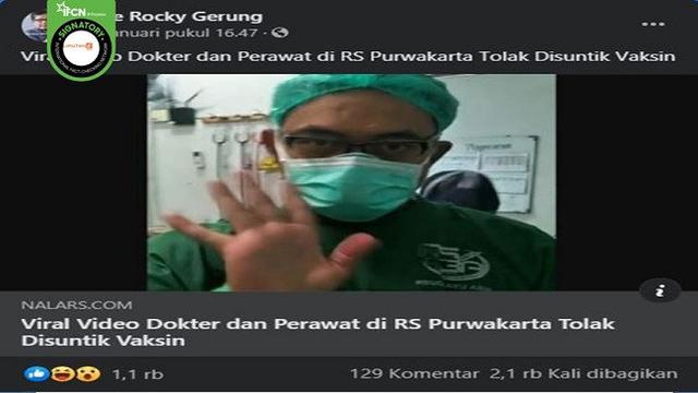 Gambar Tangkapan Layar Kabar tentang Dokter dan Perawat di RS Purwakarta Menolak Disuntik Vaksin (sumber: Facebook)