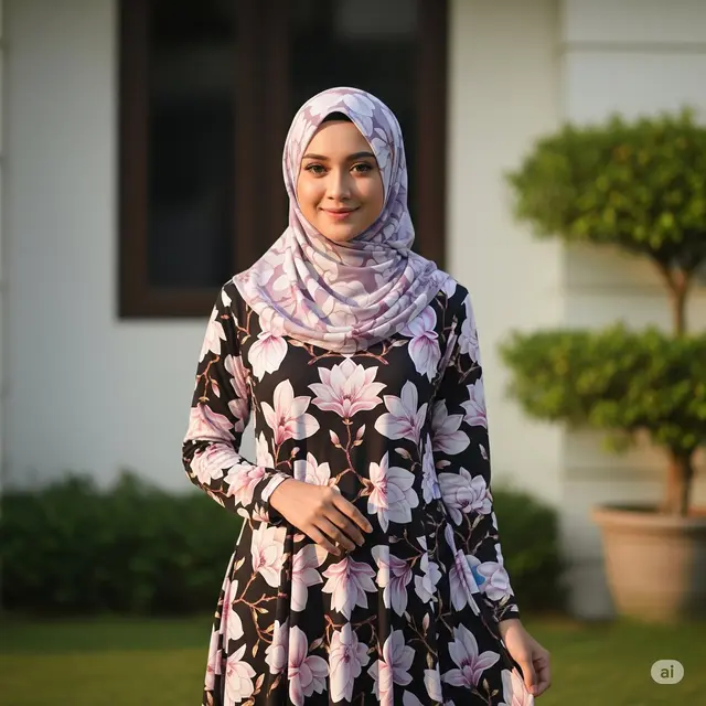 Gamis A-Line Motif Magnolia Oversize