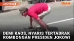Insiden menegangkan terekam kamera warga kala rombongan Presiden Joko Widodo melintas di jalanan Pasar Bandar, Batang, Jawa Tengah. Seperti biasa, rombongan Presiden Jokowi juga membagikan kaos saat melintas. Salah satu kaos yang jatuh menjadi perhat...