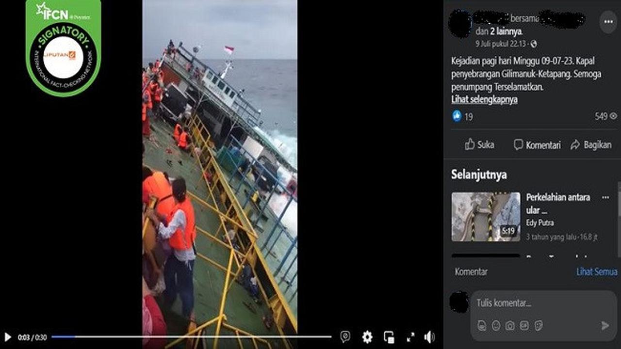 Gambar Tangkapan Layar Video yang Diklaim Kapal Penyeberangan Gilimanuk-Ketapang Karam pada 9 Juli 2023 (sumber: Facebook).