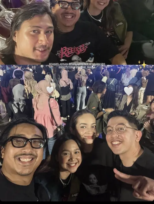 Taro Basro dan Enzy juga hadir di konser Raisa. Tara mengenakan atasan hitam halter neck, sedangkan Enzy mengenakam tshirt dengan gambar Raisa. @indiradiandra