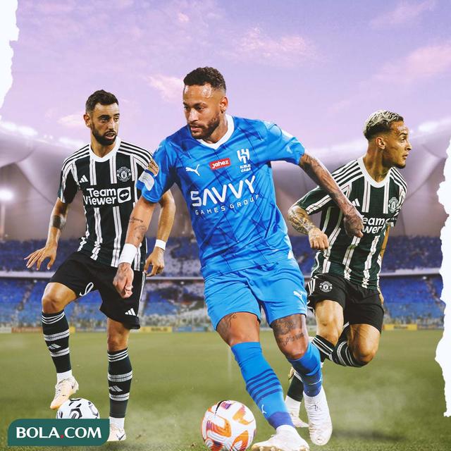 Ilustrasi - Neymar Jr Dikelilingi Bruno Fernandes dan Antony