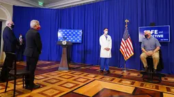 Wakil Presiden Amerika Serikat Mike Pence (kanan) berbicara sebelum menerima suntikan vaksin COVID-19 Pfizer-BioNTech di Gedung Putih, Washington, Jumat (18/12/2020). Pence dalam kesempatan itu pun menyebut vaksinasi tersebut sebagai "keajaiban medis". (AP Photo/Andrew Harnik)