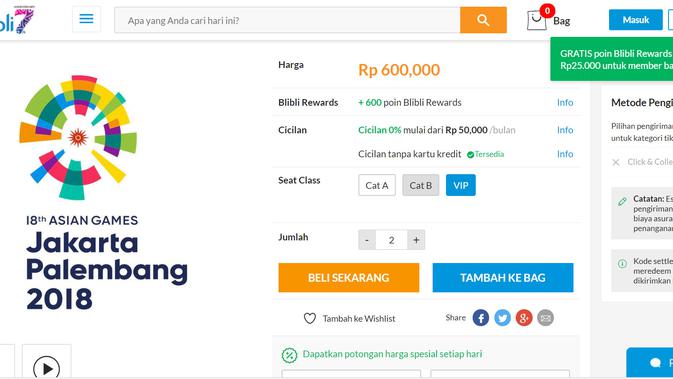 Pilih jenis seat pertandingan Asian Games 2018 yang diinginkan (Sumber: Screenshot Blibli.com)