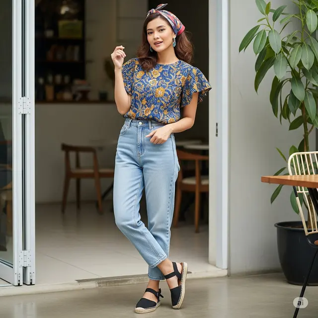 Blus Ruffle + Jeans Mom Fit